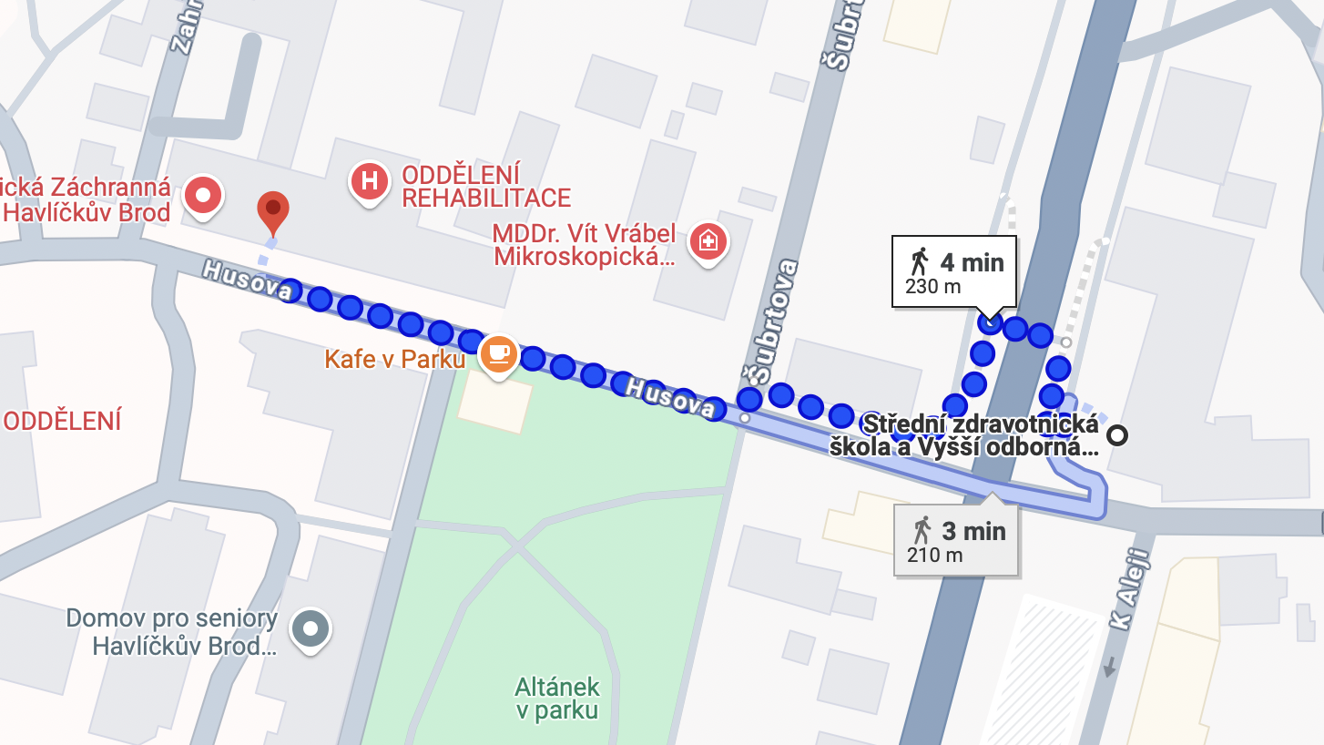 Mapa trasy ze školy do domova mládeže